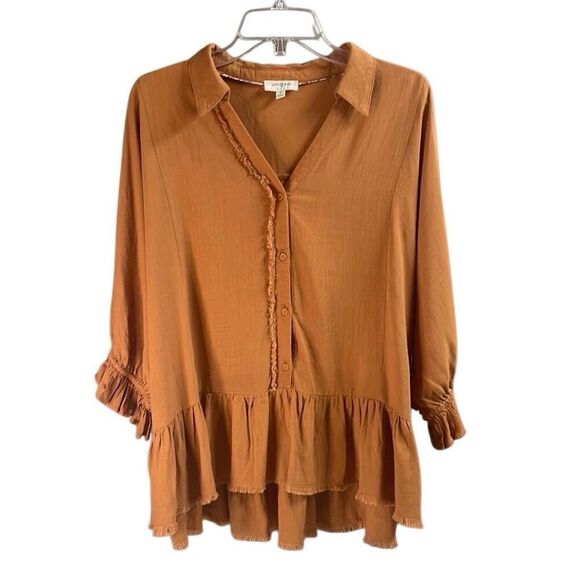 Umgee Tops - UMGEE Women's Peasant Boho Collared Frayed Edge Top Ruffled Hem Rust Size S